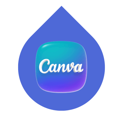 Canva app icon with white logo on blue-purple gradient inside a blue waterdrop shape