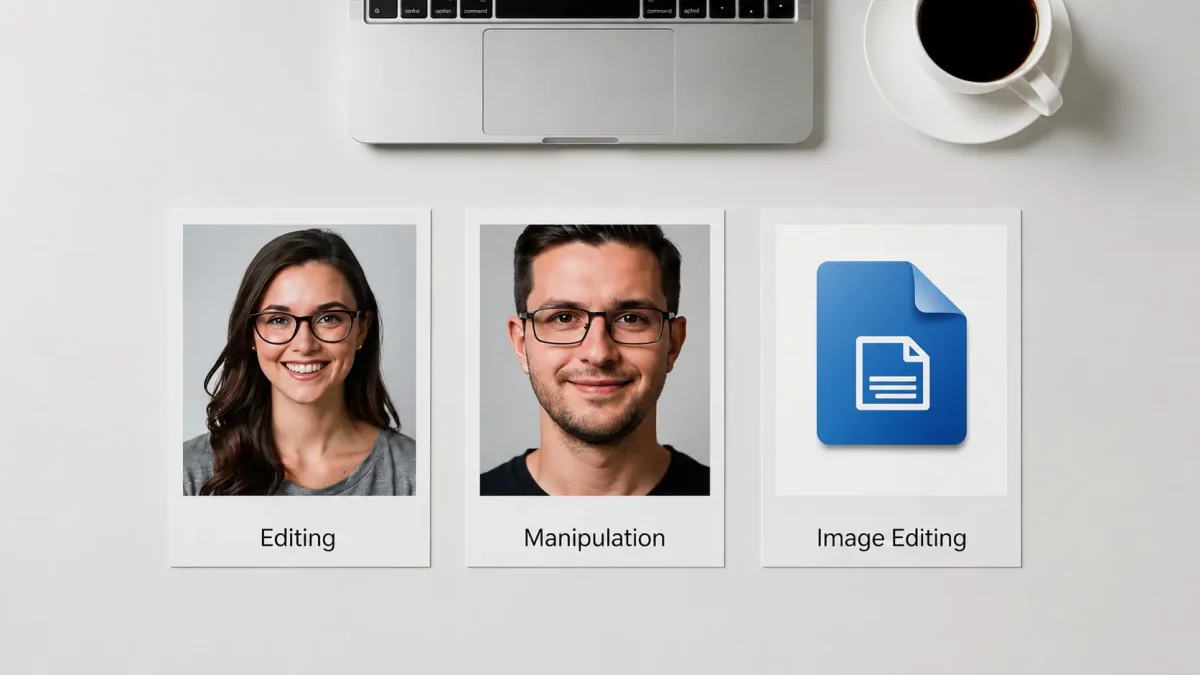 Flat lay image showing three polaroid photos labeled “Editing,” “Manipulation,” and “Image Editing” placed on a desk with a laptop and coffee, illustrating the differences between photo manipulation, photo editing, and image editing.
