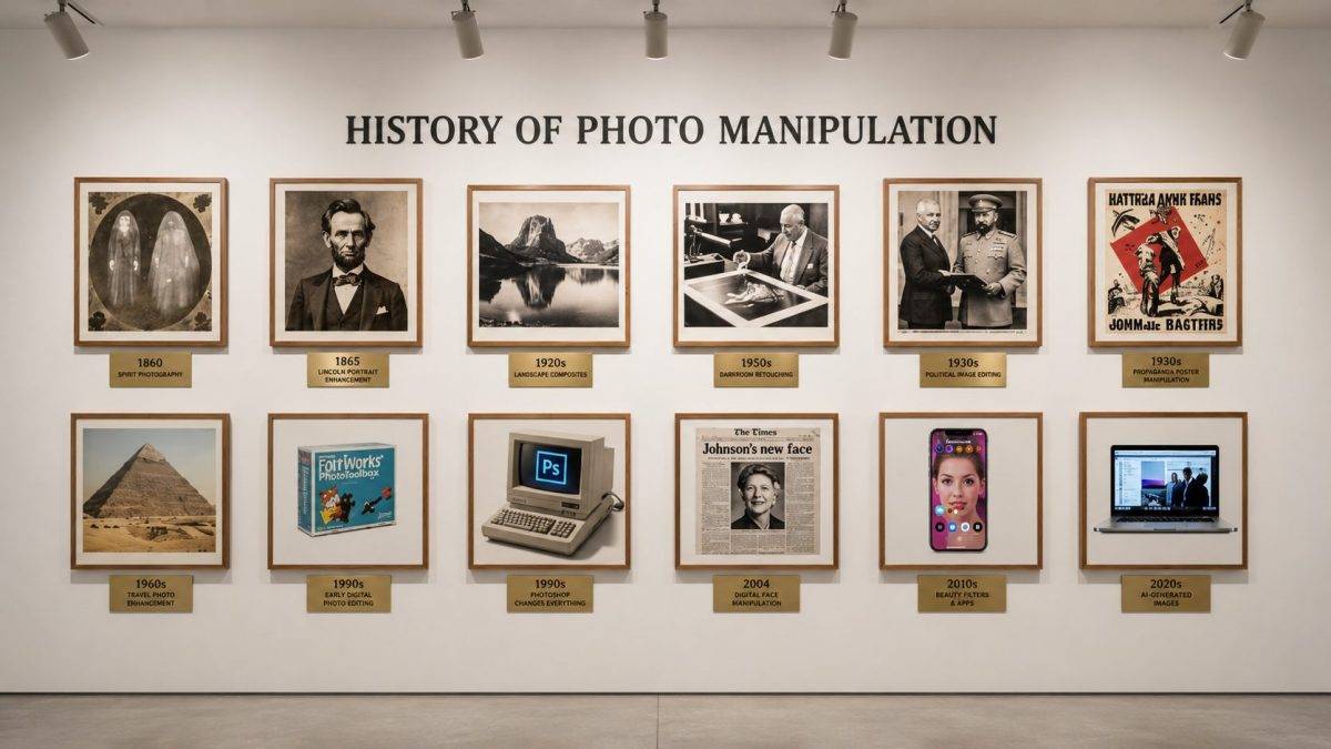 Gallery wall displaying the "History of Photo Manipulation" timeline with framed historical examples from spirit photography in 1860 to AI-generated images in the 2020s, showcasing the evolution of photo manipulation.