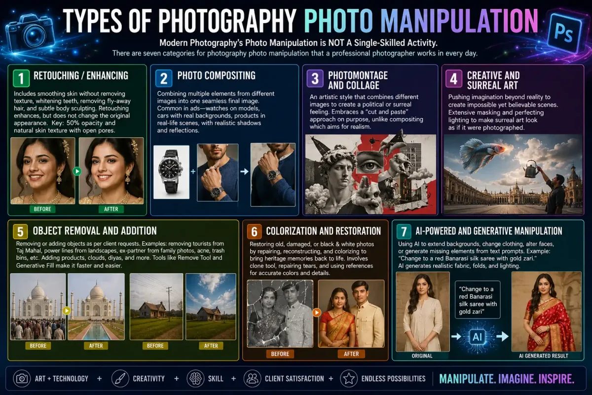 Infographic titled "Types of Photography Photo Manipulation" displaying seven main categories — Retouching/Enhancing, Photo Compositing, Photomontage and Collage, Creative and Surreal Art, Object Removal and Addition, Colorization and Restoration, and AI-Powered Manipulation — with before/after examples and explanations.