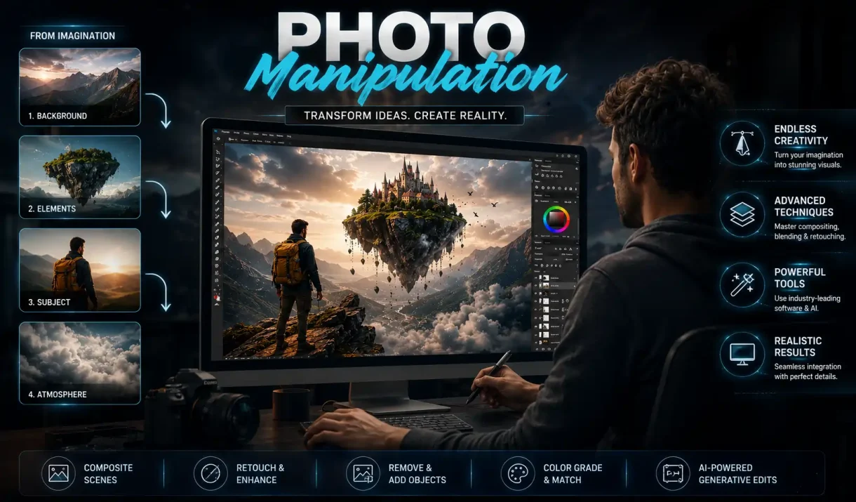 A professional designer working on a large monitor creating a stunning surreal fantasy landscape using photo manipulation, showing the complete creative process from imagination (background, elements, subject, atmosphere) to final composite artwork.