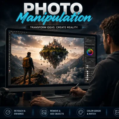 A professional designer working on a large monitor creating a stunning surreal fantasy landscape using photo manipulation, showing the complete creative process from imagination (background, elements, subject, atmosphere) to final composite artwork.