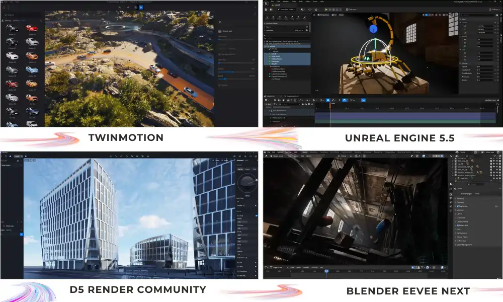 Collage showcasing four popular free real-time renderers: Twinmotion, Unreal Engine 5.5, D5 Render, and Blender Eevee Next with high-quality photorealistic 3D scenes.