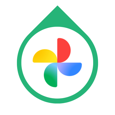 Google Photos app icon with colorful pinwheel logo inside a green waterdrop shape