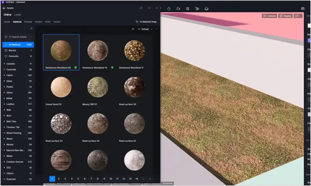 Screenshot of 3D rendering software showing a material library with various textures like wood, gravel, and road surfaces, alongside a real-time photorealistic preview of an outdoor scene with grass and walls.