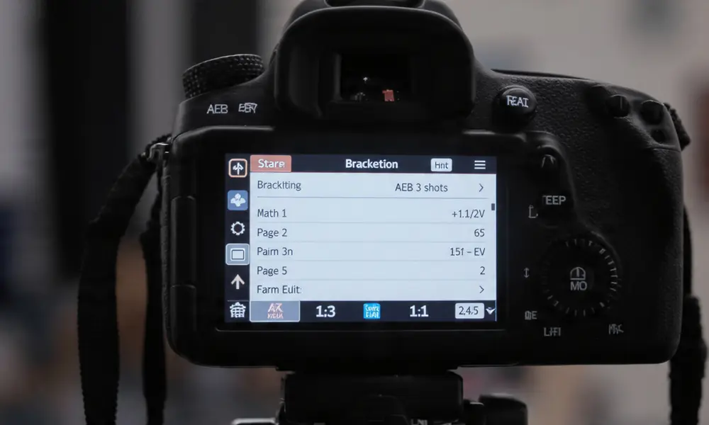 Close-up of a DSLR camera LCD screen displaying the Bracketing menu with AEB 3 shots settings, showing how to shoot a bracket in Bracketing Photography