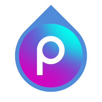 PicsArt app icon with white letter P on purple-blue gradient inside a blue waterdrop shape