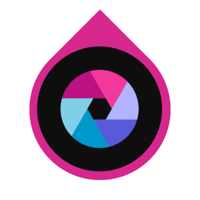 Pixlr app icon with colorful camera aperture on black circle inside pink waterdrop shape