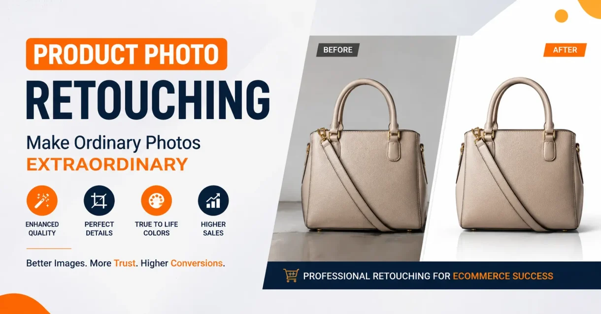Product photo retouching before and after showing clean white background, true color correction, and natural shadow for ecommerce