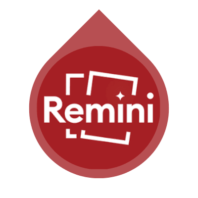 Remini AI Photo Enhancer app icon with white Remini logo inside red circle and red waterdrop