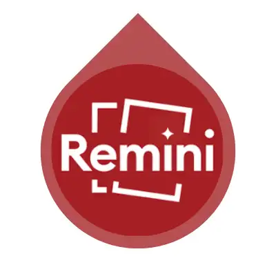 Remini AI Photo Enhancer app icon with white Remini logo inside red circle and red waterdrop
