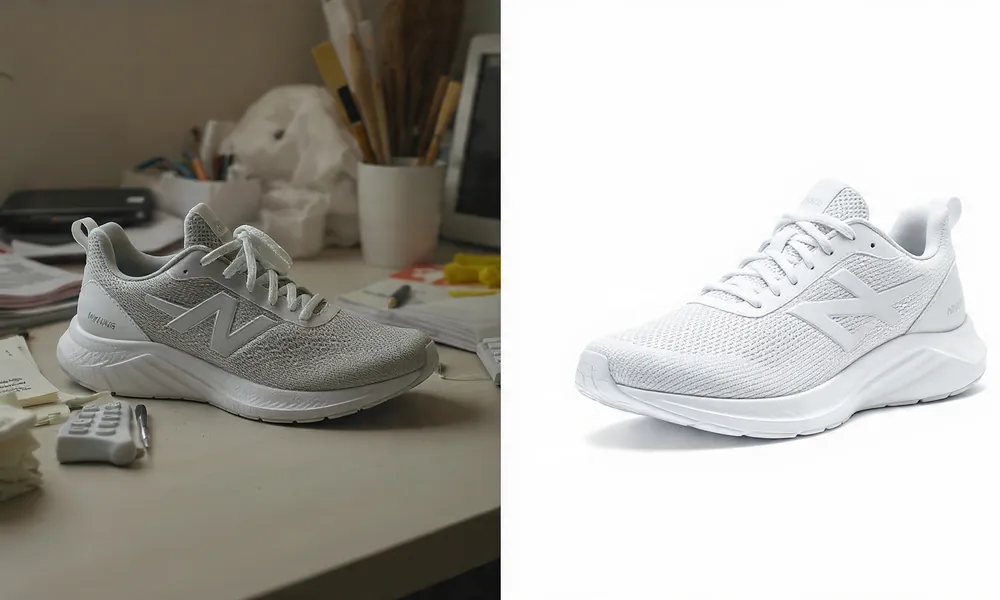 Product photo retouching before and after showing background removal, color correction, and dust cleanup for ecommerce
