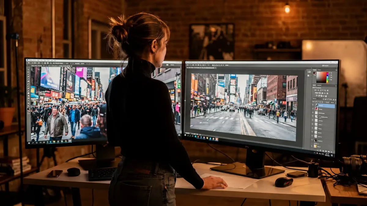 Woman editing a vibrant city street photo on dual monitors in a professional photo editing software, demonstrating photo manipulation techniques.
