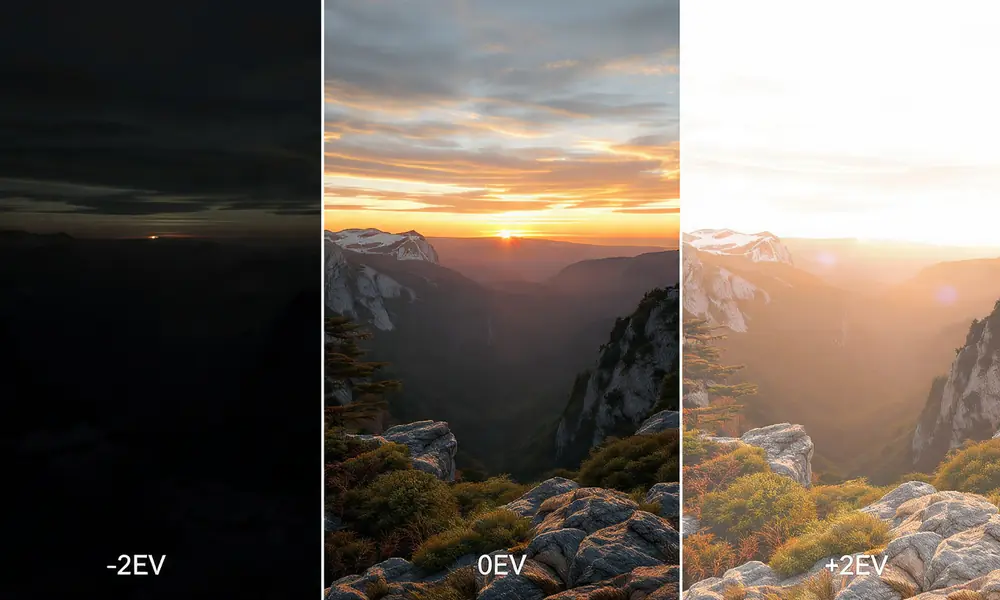 Three-panel comparison of exposure bracketing in photography showing -2EV underexposed dark image, 0EV correctly exposed vibrant sunset over mountains, and +2EV overexposed bright image