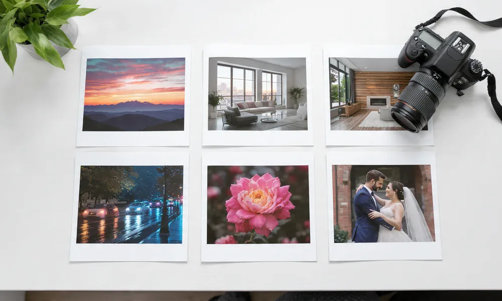 Collage demonstrating The 6 Types of Bracketing in Photography with real-world examples: sunset landscape for Exposure Bracketing, modern interior, pink flower for Focus Bracketing, night road, split-color portrait for White Balance, and wedding couple using Flash Bracketing