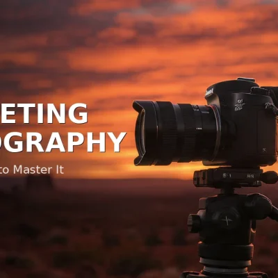 Professional DSLR camera on tripod against a dramatic orange sunset sky, with text overlay "Complete Guide: Bracketing Photography - What It Is & How to Master It"