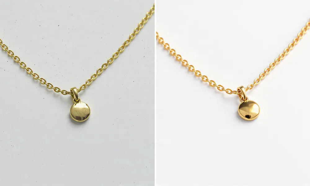 Jewelry product photo retouching before and after showing diamond ring with dust removal and shine enhancement