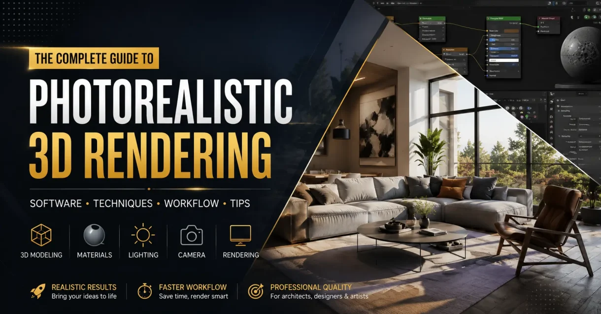 Photorealistic 3D rendering of a modern living room with large windows and stylish furniture, showcasing professional 3D visualization techniques.