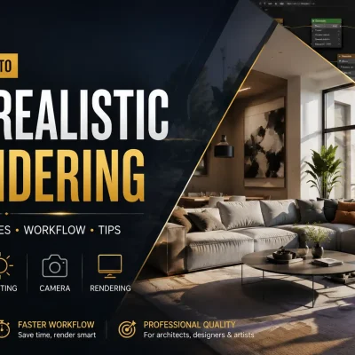 Photorealistic 3D rendering of a modern living room with large windows and stylish furniture, showcasing professional 3D visualization techniques.