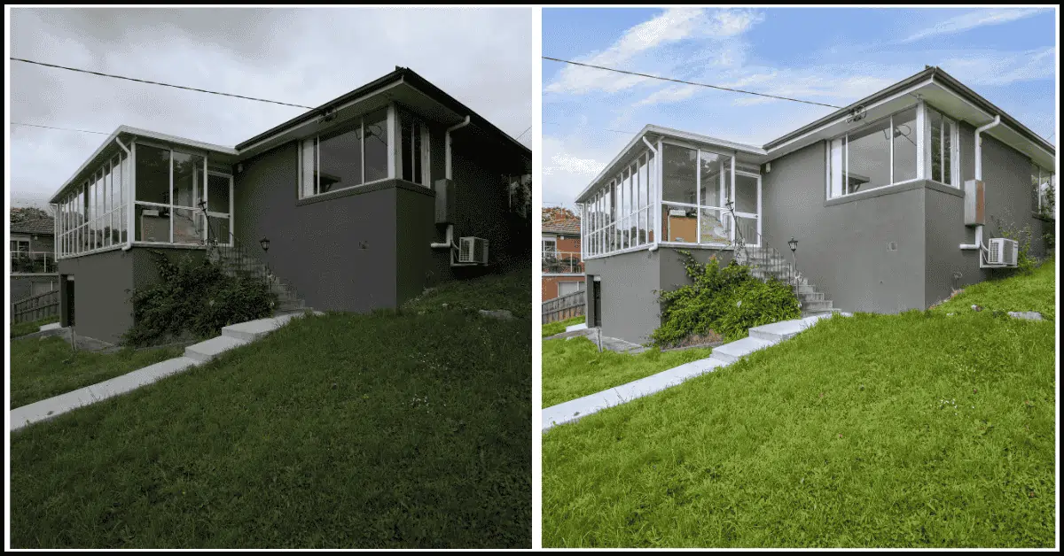 Before and after real estate photo editing by PixelShouters showing HDR blend, sky replacement, and lawn enhancement for a house listing