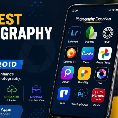 12 Best Photography Apps for Android in 2026 - Smartphone displaying top apps like Lightroom, Snapseed, VSCO, Canva, PicsArt, PhotoPills, and more for editing, enhancing, organizing, and growing photography skills
