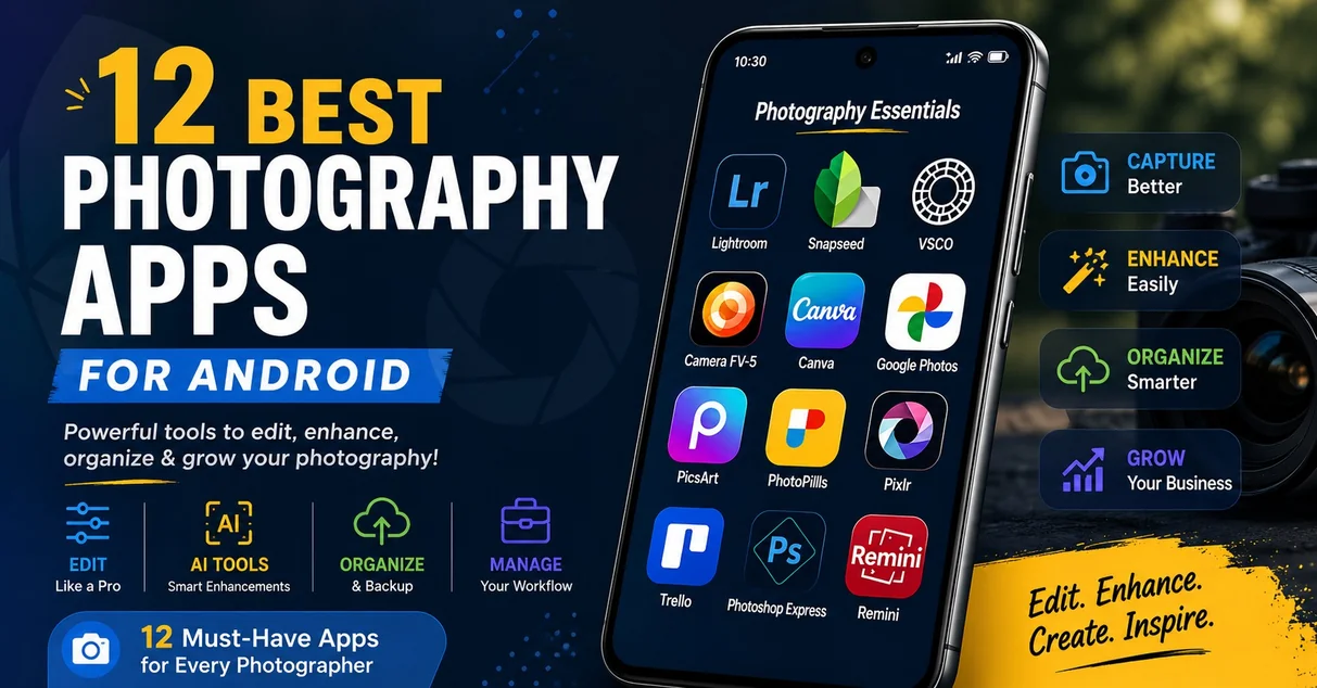 12 Best Photography Apps for Android in 2026 - Smartphone displaying top apps like Lightroom, Snapseed, VSCO, Canva, PicsArt, PhotoPills, and more for editing, enhancing, organizing, and growing photography skills