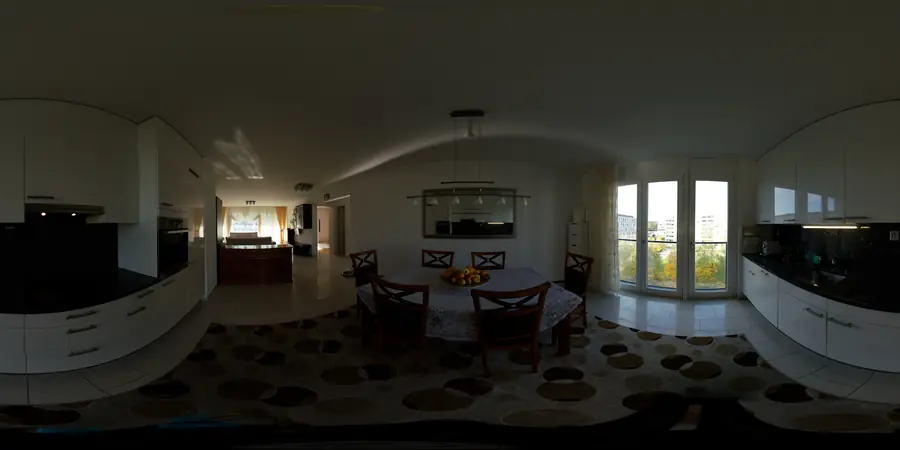 Open-plan kitchen before real estate 360 panorama photo editing