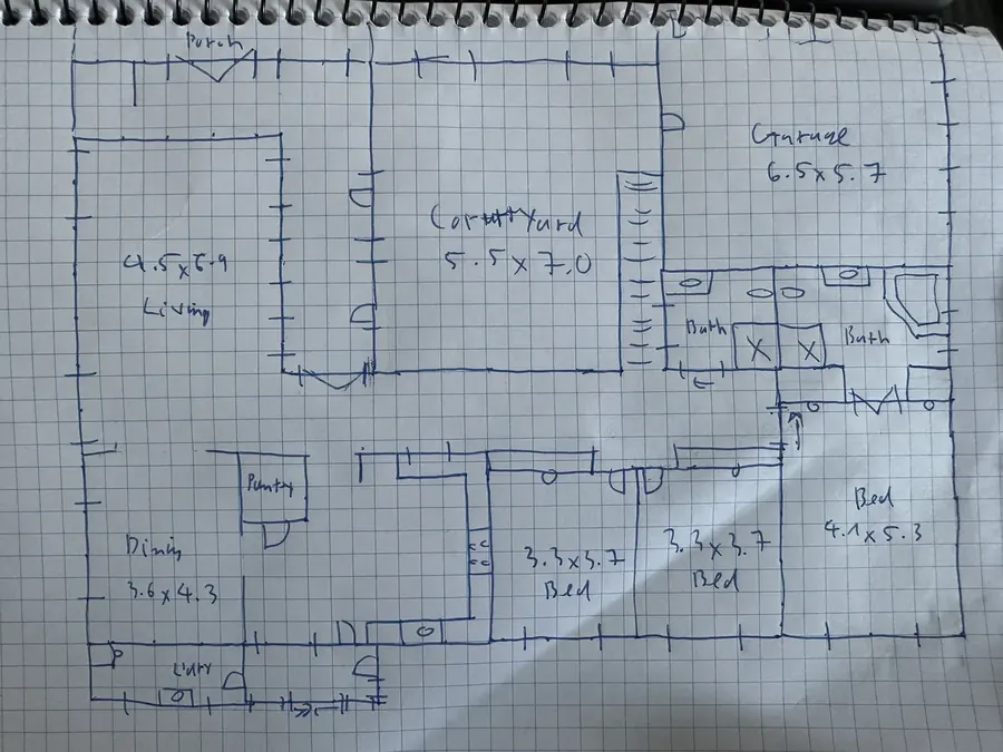 Hand-drawn floor plan sketch before PixelShouters redraw