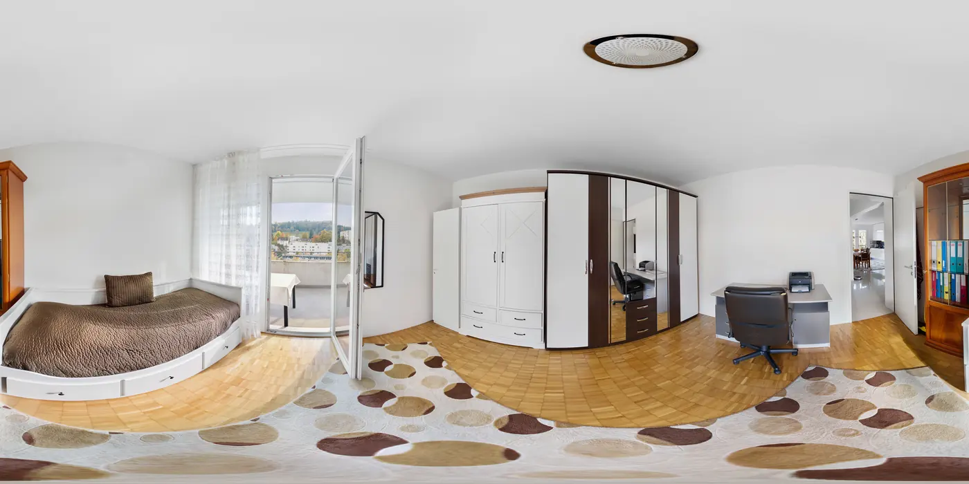 Bedroom panorama after real estate photo stitching and editing by PixelShouters