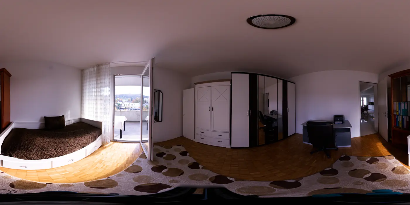 Bedroom panorama before real estate photo stitching and editing
