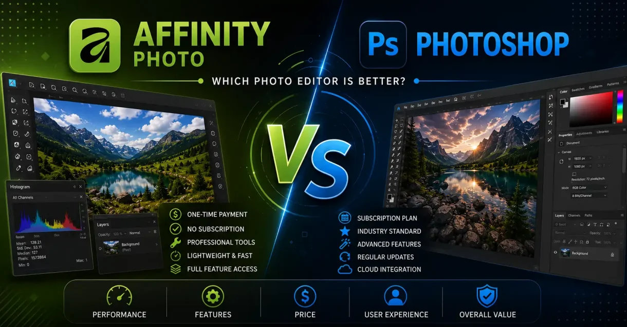 Affinity vs Photoshop side-by-side comparison showing Affinity Photo interface on left with one-time payment features and Photoshop interface on right with subscription features, VS logo in center for 2026 photo editor guide