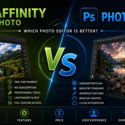 Affinity vs Photoshop side-by-side comparison showing Affinity Photo interface on left with one-time payment features and Photoshop interface on right with subscription features, VS logo in center for 2026 photo editor guide