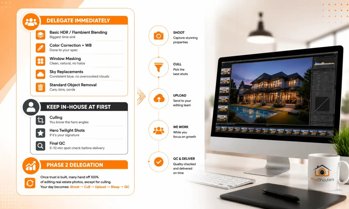 Infographic showing what real estate photographers outsource editing first: HDR blending, color correction, window masking, sky replacements, and object removal. Tasks to keep in-house: culling and final QC.