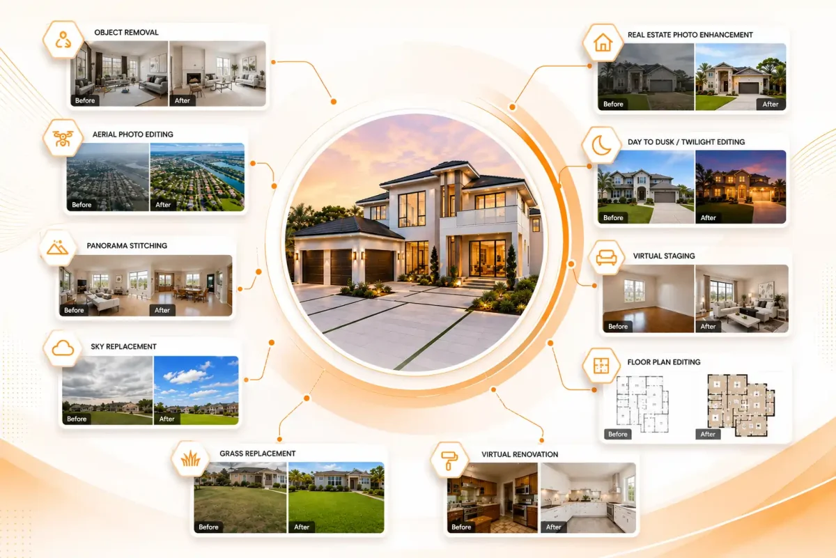 PixelShouters real estate editing services infographic — PhotoUp alternative showing before/after for staging, HDR, day to dusk and more