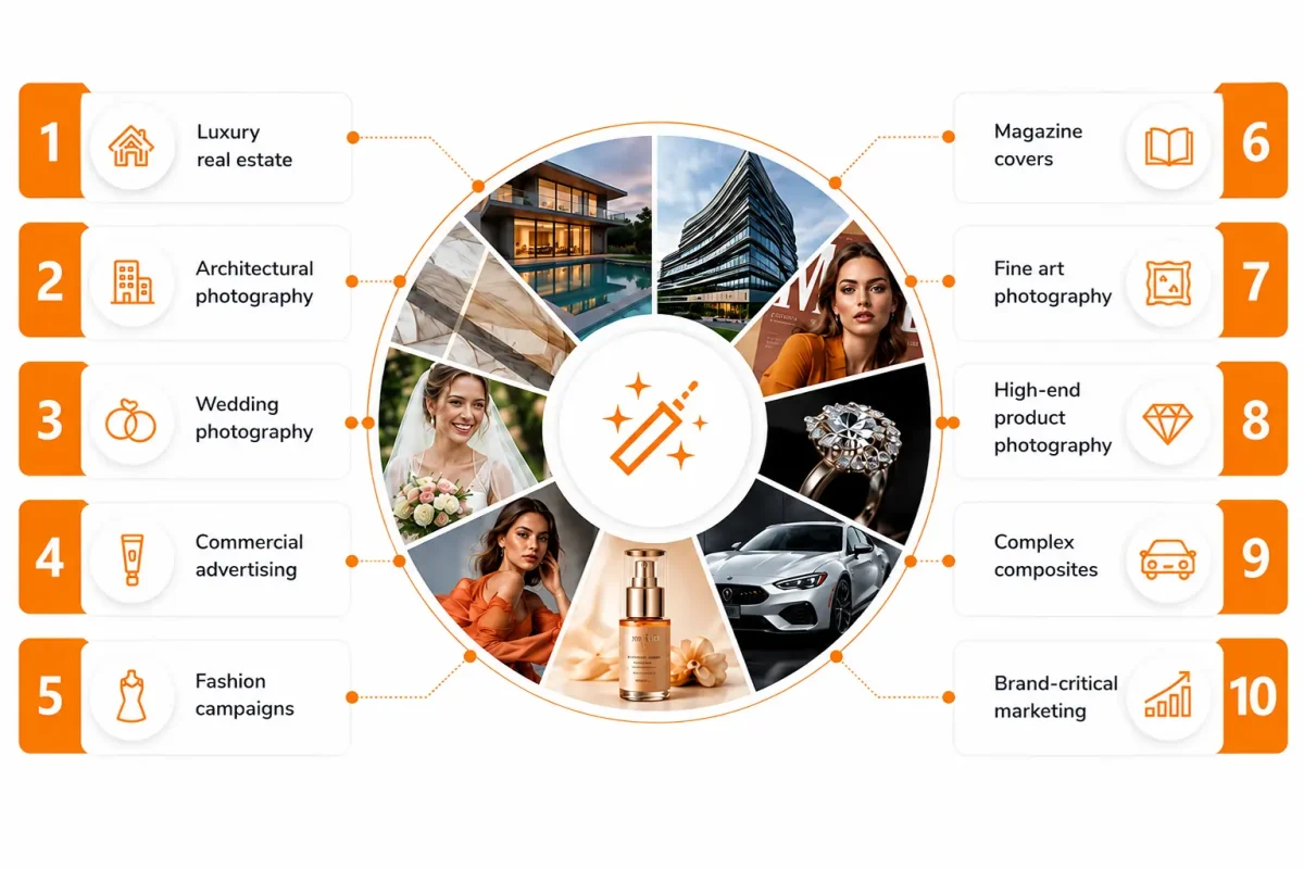Professional editing wins for luxury real estate, architecture, weddings, fashion, and products