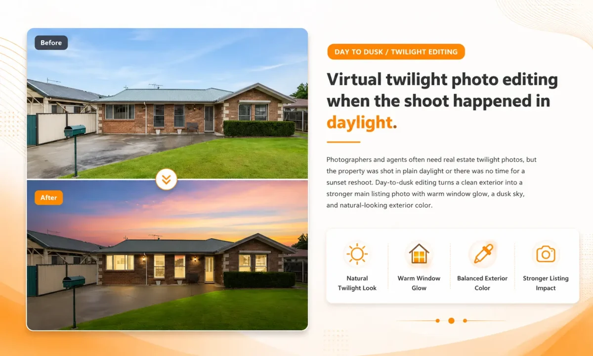 Day-to-dusk real estate photo editing before and after with sunset sky and warm window glow