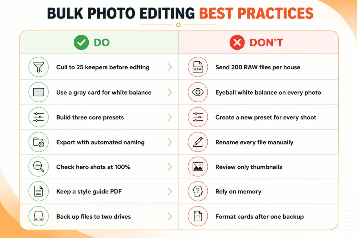 Do and Don't infographic for bulk photo editing best practices, showing 7 tips for bulk property photo editing including culling, white balance, presets, naming, and backups.