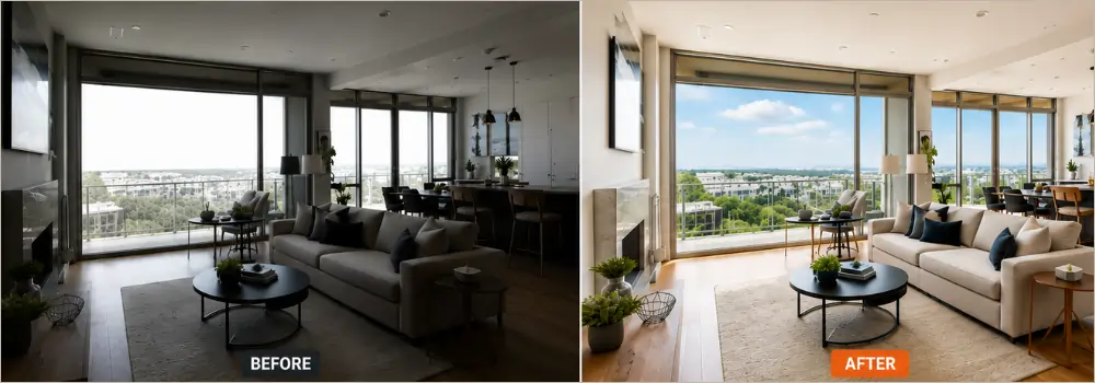 Before and after bulk property photo editing using HDR editing and flambient blending, brightening a dark living room and restoring the window view.