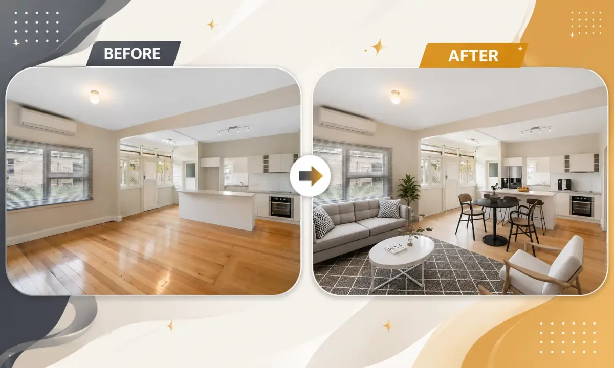 Before and after virtual staging of empty open-plan home turned into furnished living and dining space. How we evaluate companies to outsource virtual staging services