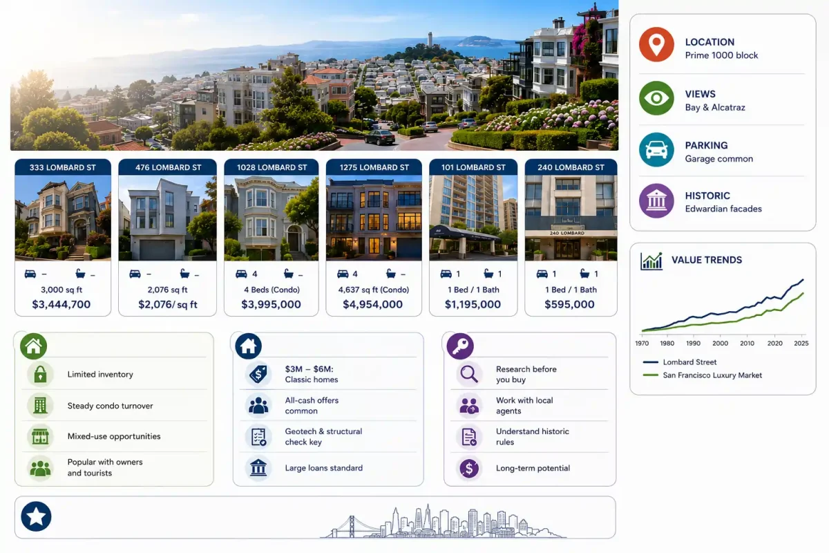 Lombard Street Homes for Sale infographic showing San Francisco listings, prices, and buyer tips for Lombard Street Houses