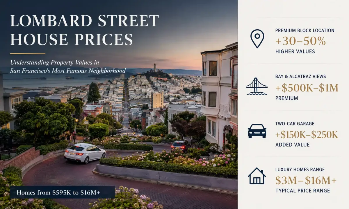 Lombard Street House Prices infographic showing San Francisco property values from $595K to $16M+, with premiums for location, bay views, and garages