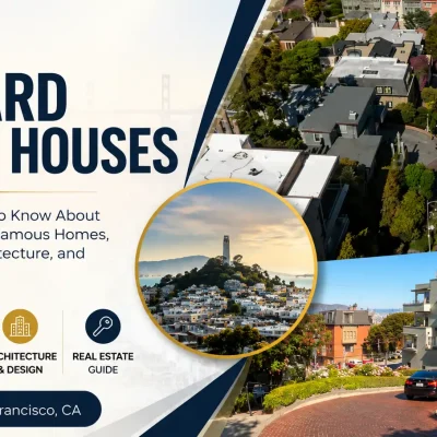 Lombard Street Houses on San Francisco's famous crooked block with winding curves, historic homes, flower gardens, and Coit Tower view