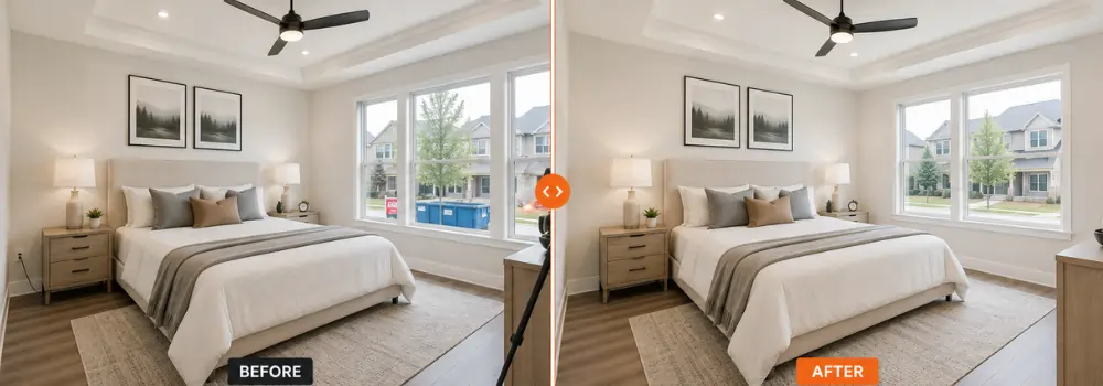 Before and after object removal for bulk property photo editing, removing a tripod and outdoor dumpsters from a bedroom window view.