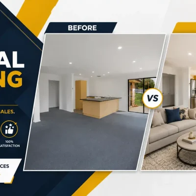 Before vs after virtual staging transformation — empty living room turned into a fully furnished modern space. Outsource Virtual Staging Services for faster sales.