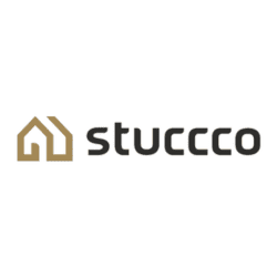 Stuccco logo with gold house outline icon, a company to outsource virtual staging services
