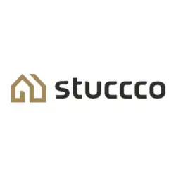 Stuccco logo with gold house outline icon, a company to outsource virtual staging services