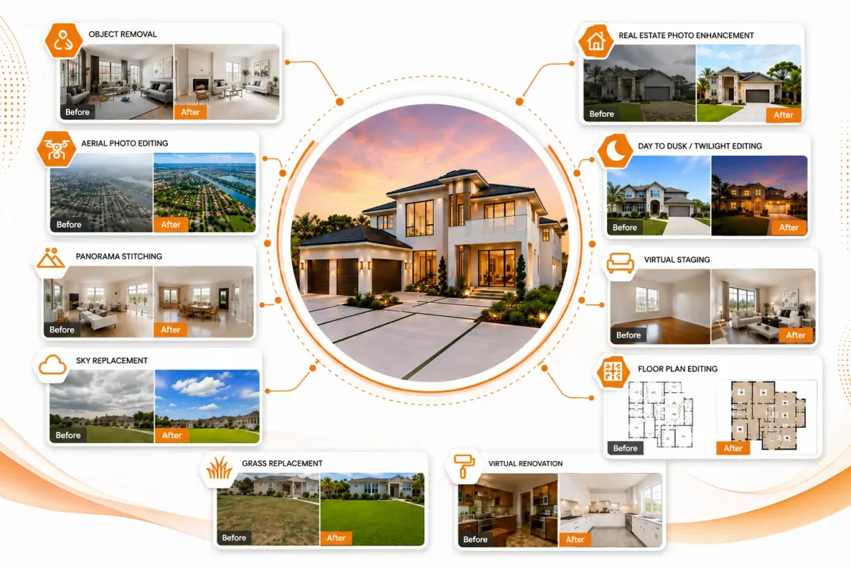 PixelShouters real estate editing services including HDR, staging, dusk, and object removal