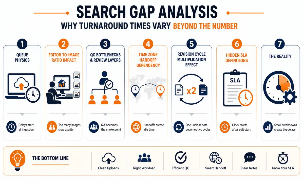 Infographic showing 7 factors that affect real estate photo editing turnaround beyond the advertised