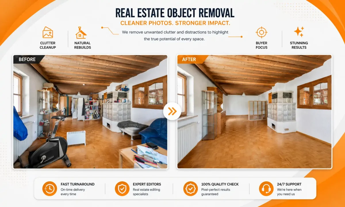 Before and after object removal for a real estate interior by PixelShouters