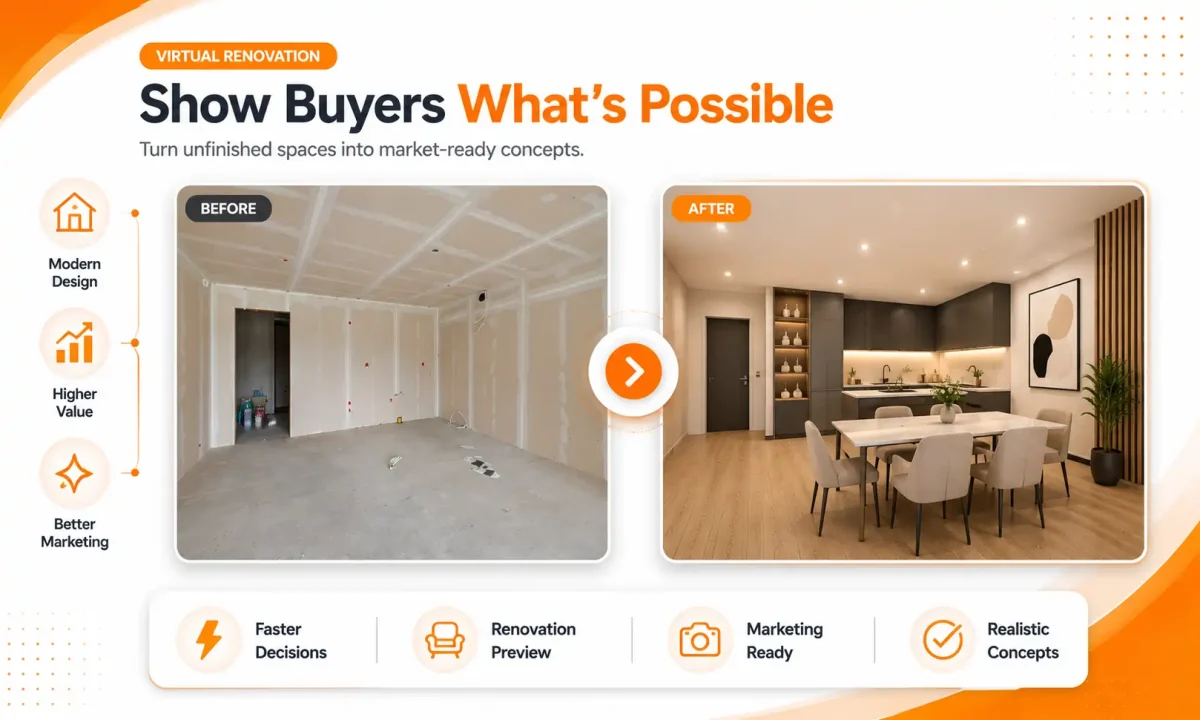 Before and after virtual renovation of an unfinished room by PixelShouters